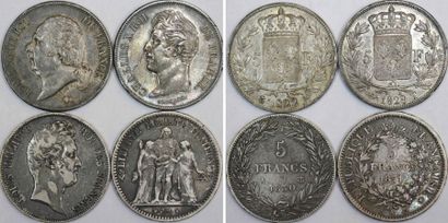 null Lot de 4 écus de 5 francs (Louis XVIII, Charles X, Louis-Philippe Ier et 5 francs...