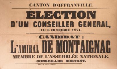 MONTAIGNAC Affiche électorale (environ 60 x 40 mm): candidature de l'amiral de Montaignac,...