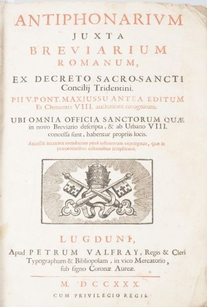 null ANTIPHONARIUM JUXTA BREVIARIUM ROMANUM. Lyon, Valfray, 1730. In-folio, basane...