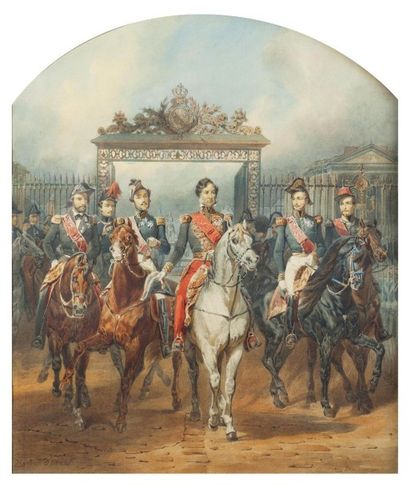 null Horace Vernet, 1846 

 

Le roi Louis-Philippe et ses fils sortant du château...