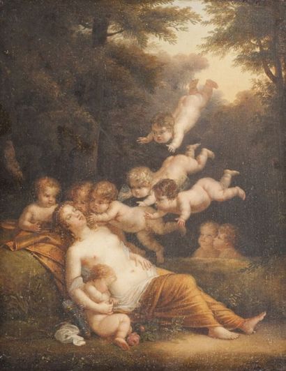 Ecole LIEGEOISE du début du XVIIe siècle Venus et les amours Toile 40,5 x 32,5 cm...
