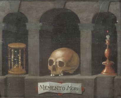 Ecole Hollandaise vers 1620 Vanité au crâne et au sablier Panneau de chêne, une planche,...