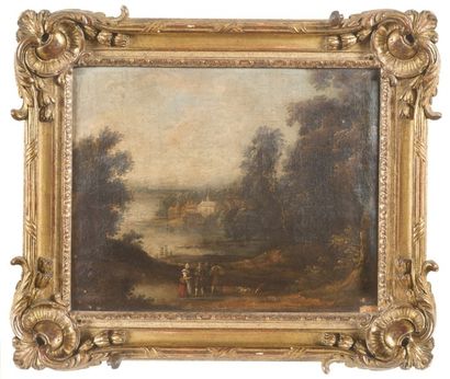 Attribué à Simon DUARTE (Avant 1640 - Après 1664) Paysage de rivière aux promeneurs...