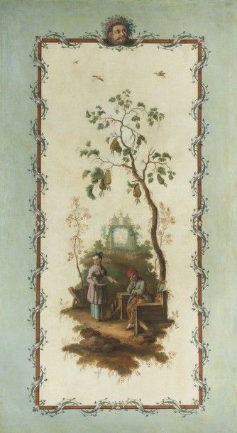 ECOLE ITALIENNE, FIN DU XVIIIe SIECLE Importante toile peinte représentant un couple...