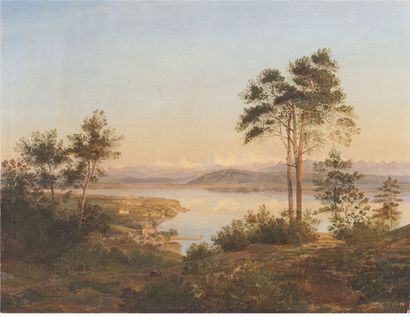 Edouard de POURTALES (1802-1885) Le lac de Neuenburger (Neûchatel) et le village...
