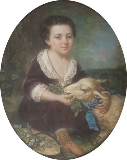 Virginie DAUTEL (Active au XIXe siècle) Enfant et son mouton Pastel ovale. Signé...