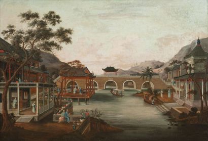 Ecole Chinoise du XIXème siecle Paysage de montagnes et de maisons au bord d'un canal...