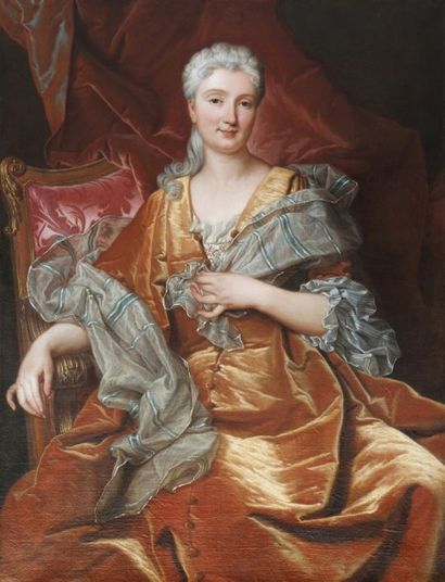 Attribué à Hyacinthe RIGAUD (1659 - 1743) Portrait de femme à la robe orange Toile....