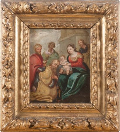 ÉCOLE FLAMANDE du début du XVIIe siècle L'Adoration des mages Cuivre 17,5 x 14 cm...