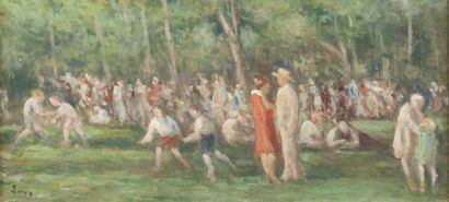 Maximilien Luce (1858-1941) Fête au bois de Boulogne, circa 1930 Huile sur carton...