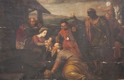 École Flamande du XVIIe siècle L'Adoration des mages Panneau parqueté 68,5 x 106...