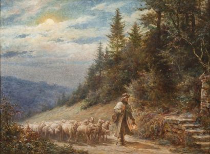 Eugène DEUILLY (1860 - 1933) Le Retour des bergers Huile sur toile Signée en bas...