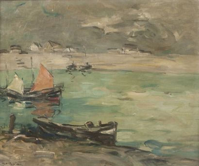ABEL BERTRAM (1871 - 1954) Bateaux de pêche, baie bretonne Huile sur toile Signée...