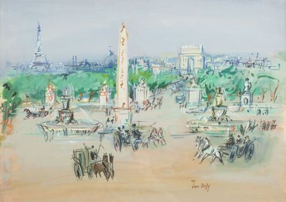 Jean DUFY (1888-1964) Vue des Champs Elysées depuis la Concorde Gouache Signée en...