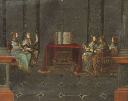 École Française du XVIIe siècle Femmes à l'église Ardoise? 29 x 36 cm RM