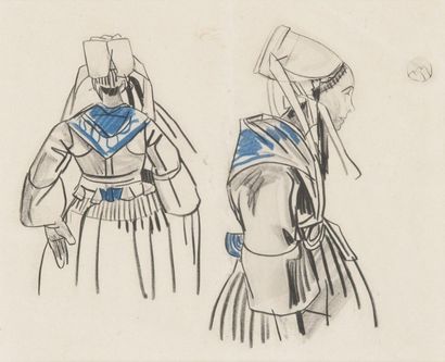 null Mathurin MEHEUT (1882-1958). Etudes de bretonnes. Fusain et crayon bleu, monogrammé...