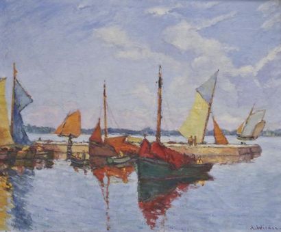 null André WILDER (1871-1965). Le Croisic, bateaux amarés. Peinture sur toile, signée...