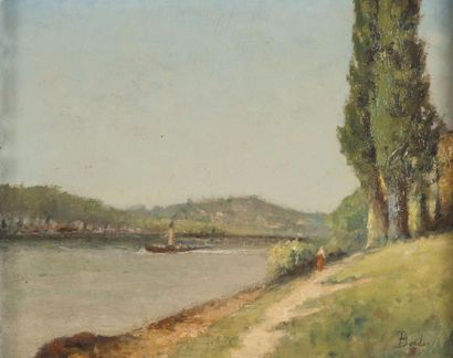 null Attribué à Léonard BORDES (1898-1969). Remorqueurs sur la Seine. Huile sur panneau,...
