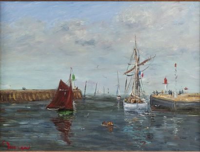 null Jean-Pierre JOUAN (né en 1943). Trouville, bateaux sur la Touques. Peinture...