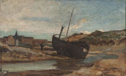 null Edmond HEUZE (1884-1947). Barque échouée. Huile sur toile, signée en bas à gauche....