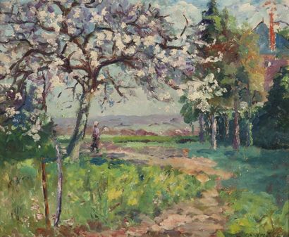 null Emmanuel de la VILLÉON. (1858-1944). Petite paysanne sous un pommier en fleurs....