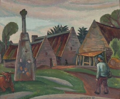 null Fernand DAUCHO (1898-1982). Calvaire et village breton. Huile sur toile, signée...