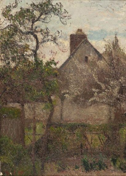 null Joseph DELATTRE (1858-1912). Verger en fleurs. Huile sur toile marouflée sur...