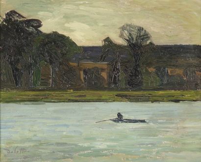 null Joseph DELATTRE (1858-1912). Barque sur la Seine. Huile sur toile, signée en...