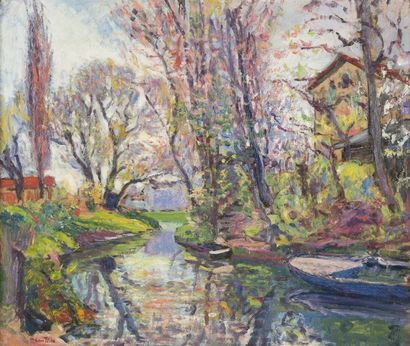 null Julien FERON (1864-1944). Ruisseau sous les arbres en automne (Creuse ?). Huile...