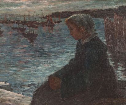 null Léon BELLEMONT (1866-1961). Bretonne sur le port. Huile sur toile, signée en...