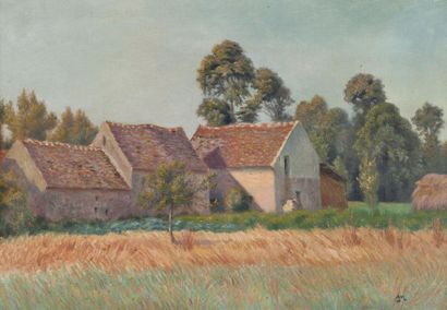 null Léon GIRAN-MAX (1867-1927). Ferme et champs de blé. Huile sur toile, monogrammée...