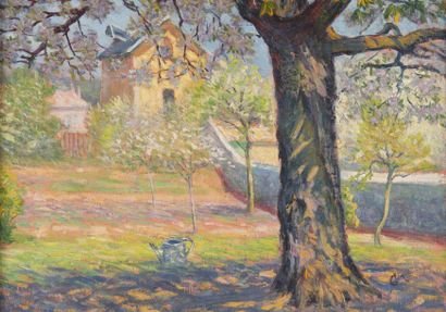 null Léon GIRAN-MAX (1867-1927). Le jardin au printemps. Huile sur toile, monogrammée...