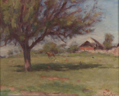 null Lucien MIGNON (1865-1944). Cheval au paddock, Prairie Esches (Oise). Huile sur...