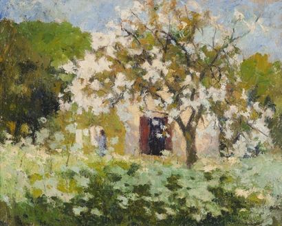 null Marcel COUCHAUX (1877-1939). Arbres en fleurs au jardin. Huile sur toile, signée...