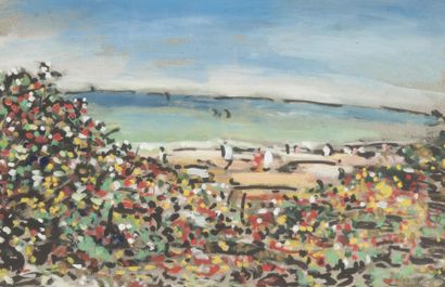 null Maurice LOUVRIER (1879-1954). Bord de mer en Normandie. Peinture à l’essence,...