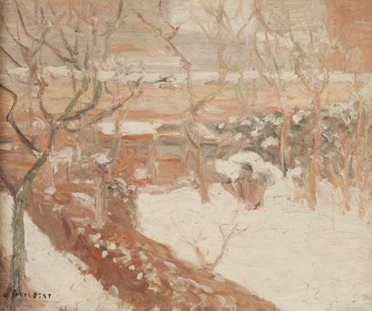 null Narcisse GUILBERT (1878-1942). Neige au jardin. Huile sur toile, signée en bas...