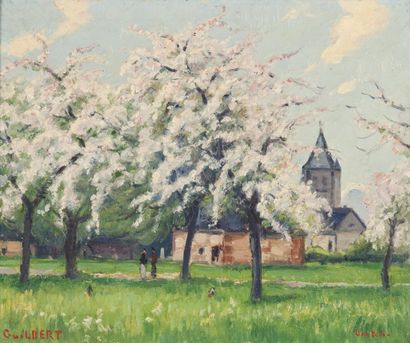 null Narcisse GUILBERT (1878-1942). Pommiers en fleurs devant l’église de Canteleu....