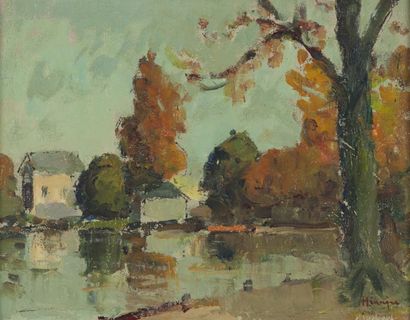 null Narcisse HENOCQUE. (1879-1952). Maisons au bord de l’étang en automne. Huile...