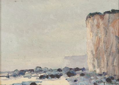 null Paul DESCHAMPS (né en 1950). Falaise et plage à marée basse. Huile sur panneau,...