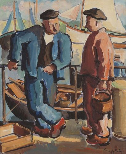 null Pierre de BELAY (1890-1947). Pêcheurs à Audierne. Huile sur toile, signée en...