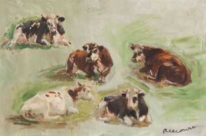 null Raymond LECOURT (1882-1946). Cinq études de vaches. Huile sur panneau, signée...