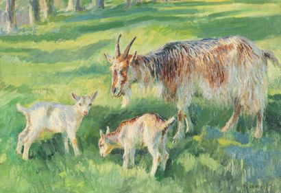 null Raymond LECOURT (1882-1946). Chèvre et chevreaux. Huile sur panneau, signée...