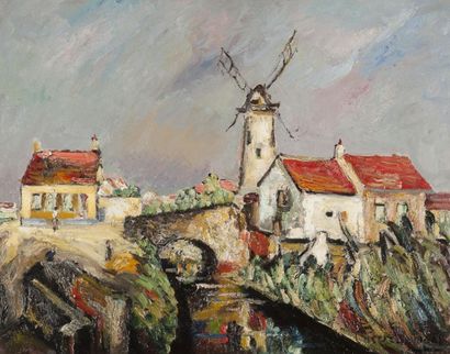 null Pierre DUMONT (1884-1936). Le moulin à Steen, Belgique, près d’Ostende. Huile...
