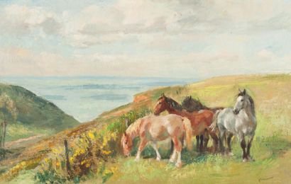 null Raymond LECOURT (1882-1946). Chevaux sur les falaises. Huile sur toile, signée...