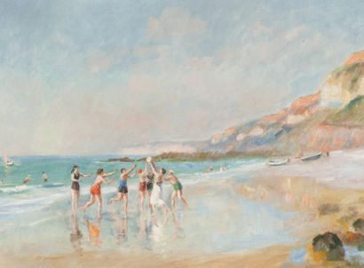 null Raymond LECOURT (1882-1946). Jeu de balle sur la plage. Huile sur toile, signée...
