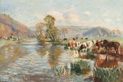 null Raymond LECOURT (1882-1946). Troupeau s’abreuvant à la rivière. Huile sur toile,...