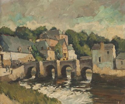 null René LE FORESTIER (1903-1972). Le pont sur la rivière près d’un château. Huile...
