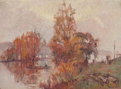 null Robert Antoine PINCHON. (1886-1943). Canotage sur la Seine en automne. Huile...