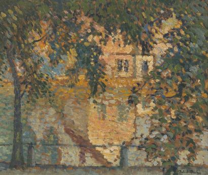null Robert Antoine PINCHON (1886-1943). Maison au bord de l’eau à l’automne. Huile...