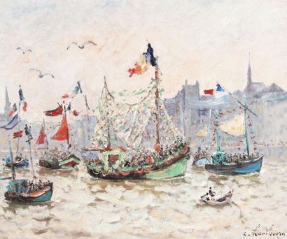 null André HAMBOURG (1909-1999). Fête de la mer à Honfleur. Huile sur toile, signée...